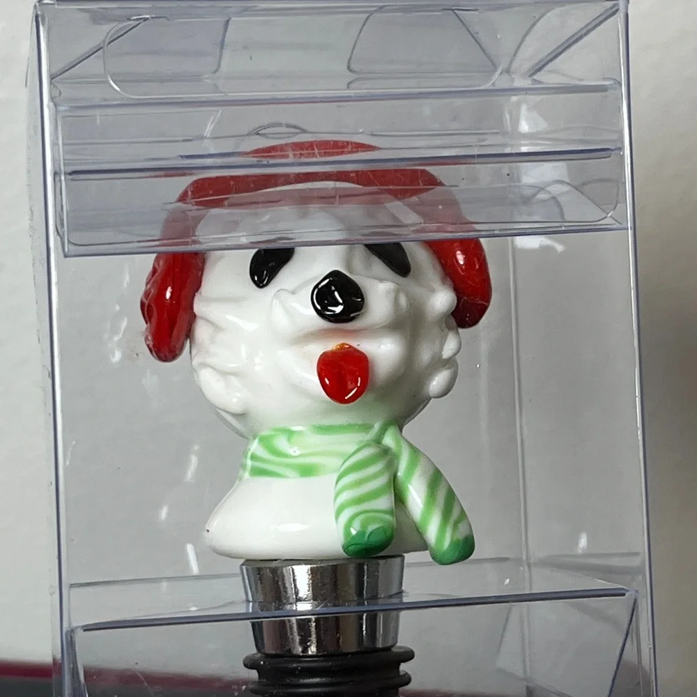 Pier 1 Ceramic White Dog w Red Earmuffs Green Scarf Holiday‎ Wine Bottle Stopper